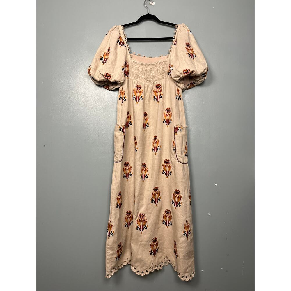 Farm Rio Rose Embroidered Macaw Maxi Dress Puff Sleeve Linen Women's Size S - Picture 2 of 9